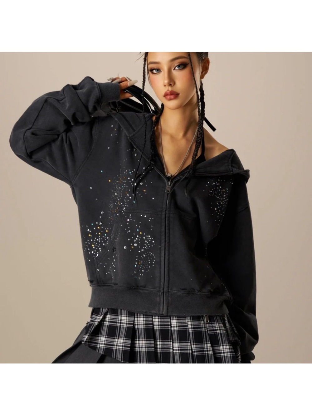 NWT AELFRIC EDEN Rhinestone Distressed Boxy Zip Up V302 Hoodie Large 100% Cotton